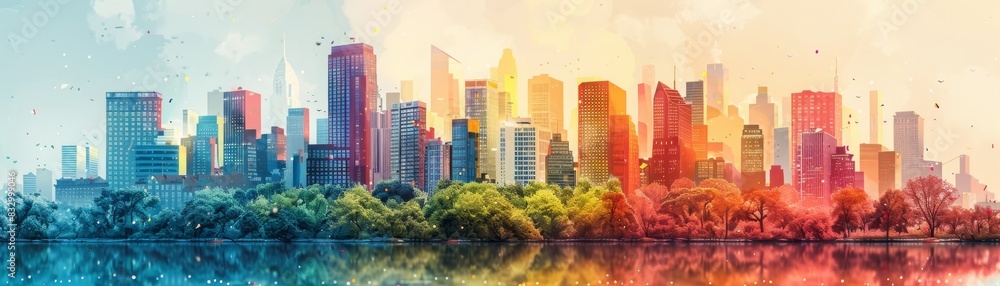 Colorful skyline of a city reflected in water, showing skyscrapers and buildings under a gradient sky at sunrise or sunset. Colorful skyline of a city reflected in water, showing skyscrapers and buildings under a gradient sky at sunrise or sunset.