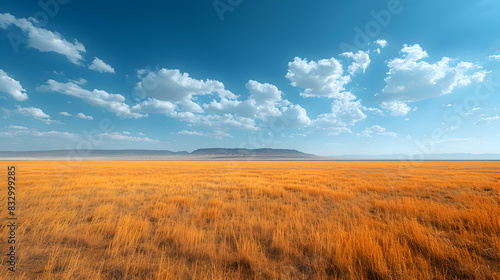 A vast nature plain with golden grass stretching to the horizon, the sky clear and blue above