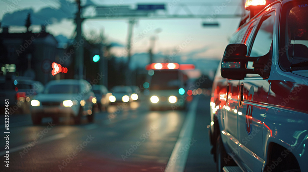 Obraz premium Emergency Ambulance Car Going to Receive Patient on City Road in Evening Time Blur Background