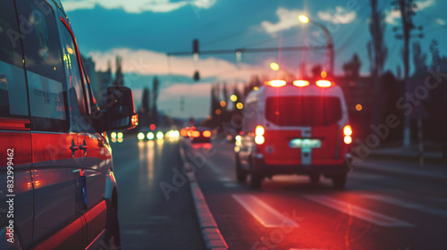 Emergency ambulance car going to receive patient on city road blur background