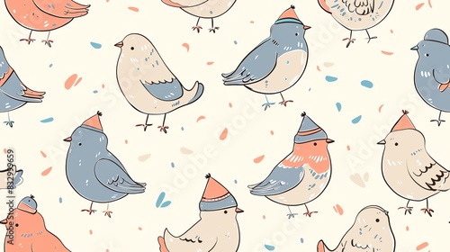 Hand-drawn seamless pattern featuring adorable pastel-colored comic pigeons wearing tiny hats and accessories, perfect for a charming and humorous look