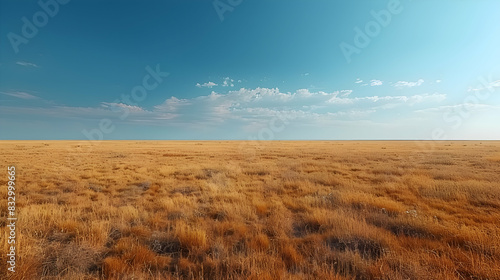 A vast nature plain with golden grass stretching to the horizon  the sky clear and blue above