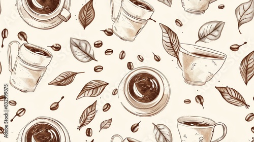 Seamless pattern of hand-drawn coffee mugs, beans, and leaves, creating a delightful and earthy coffee-themed design photo