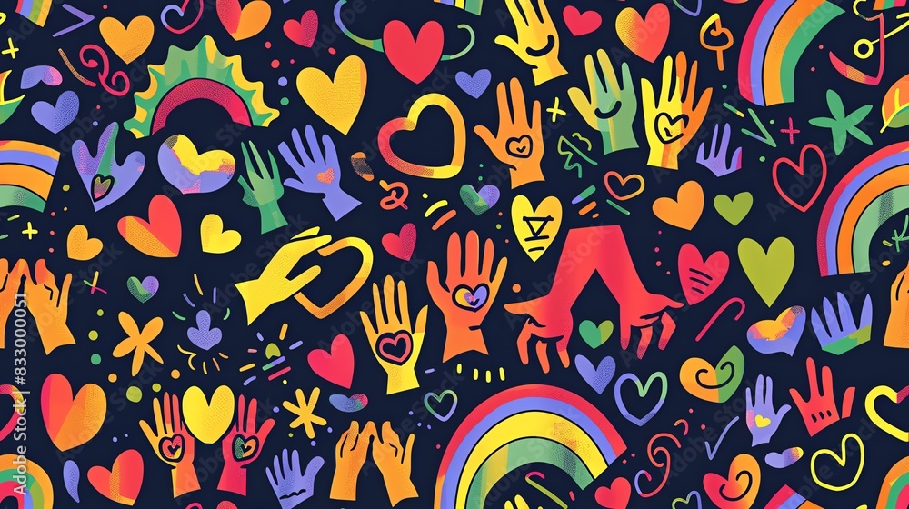 Naklejka premium Seamless pattern of hand-drawn LGBTQ Pride elements, including rainbow flags, interlocking hands, and love symbols, showcasing a message of unity and acceptance