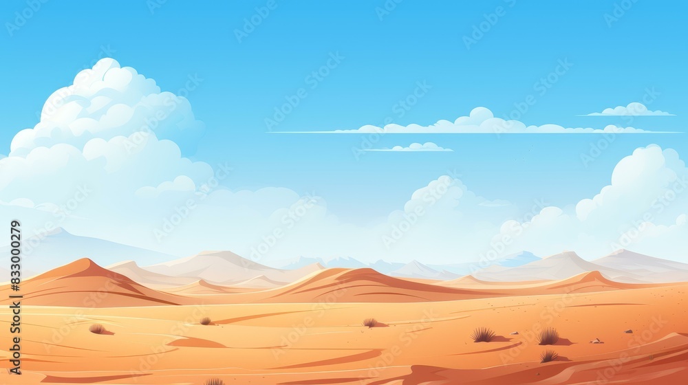 Dynamic desert landscape illustration with detailed sand dunes, clear blue sky, and clean background. Dynamic desert landscape illustration with detailed sand dunes, clear blue sky, and clean background.