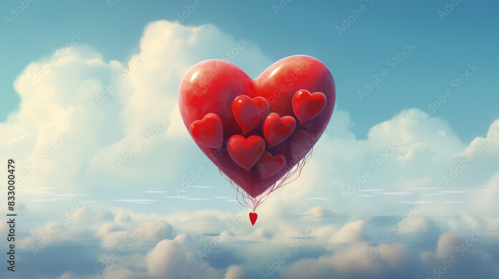 Fototapeta premium Romantic heartshaped balloon illustration against a dreamy sky backdrop, embodying love and happiness.