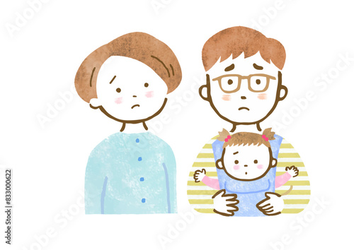 赤ちゃんを抱っこ紐で抱っこした父親と母親の困った表情の3人家族の上半身手描きイラスト