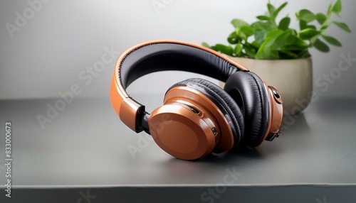 On-top, large, bright orange headphones, on a light background