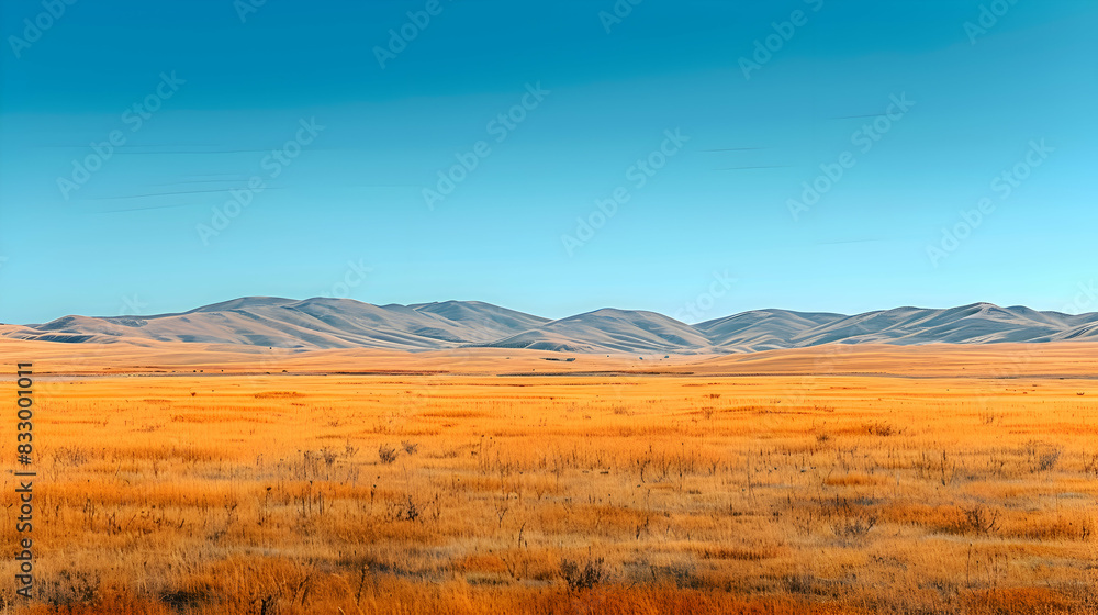 A vast nature prairie with rolling hills covered in golden grasses, the sky clear and blue above
