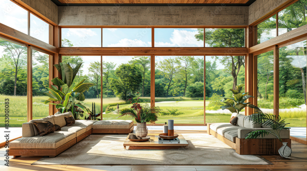 Fototapeta premium Natural red shade living room of a house resort by golf grassland