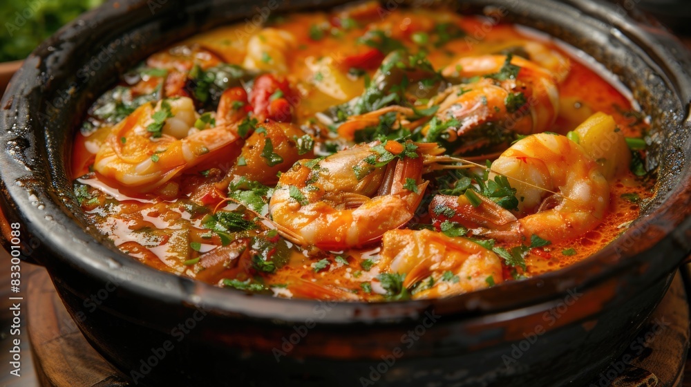 Moqueca fish and shrimp, a traditional dish of Brazilian cuisine. Stewed fish with shrimps, cooked in a delicious rich and aromatic broth. On a dark background. Moqueca fish and shrimp, a traditional dish of Brazilian cuisine. Stewed fish with shrimps, cooked in a delicious rich and aromatic broth. On a dark background.