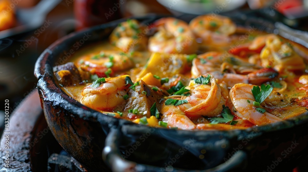Moqueca fish and shrimp, a traditional dish of Brazilian cuisine. Stewed fish with shrimps, cooked in a delicious rich and aromatic broth. On a dark background. Moqueca fish and shrimp, a traditional dish of Brazilian cuisine. Stewed fish with shrimps, cooked in a delicious rich and aromatic broth. On a dark background.