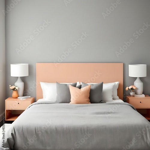  Bedroom in delicate peach fuzz color panton furniture and accent wall. Modern luxury room interior home or hotel design. Empty warm apricot paint background for art.3d render 
