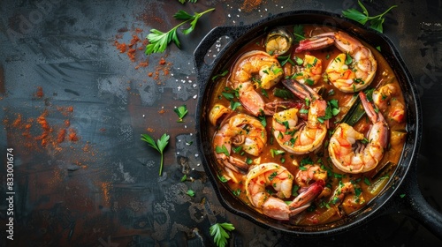 Moqueca fish and shrimp, a traditional dish of Brazilian cuisine. Stewed fish with shrimps, cooked in a delicious rich and aromatic broth. On a dark background.