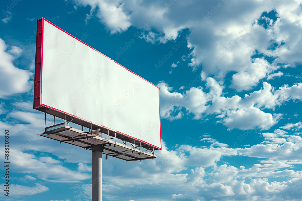 Blank empty white billboard copy space, red and grey bar and arrow, bright blue summer sky cloudscape clouds roadside road sign
Blank empty white billboard copy space, red and grey bar and arrow, bright blue summer sky cloudscape clouds roadside road sign