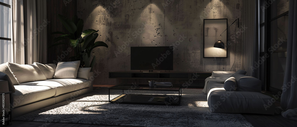 modern interior design living room with black couch and big window modern interior design living room with black couch and big window
