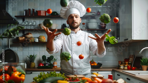 Chef juggling with vegetables and other food in the kitchen, generative AI