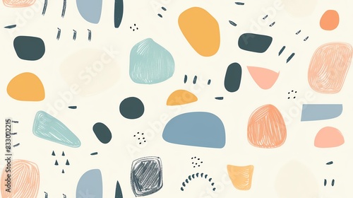 Soft pastel-colored seamless pattern with hand-drawn leaves, small flowers, and squirrels, showcasing a harmonious and whimsical design