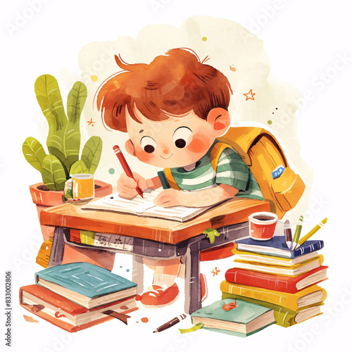 preschool child studying at table watercolor cartoon illustration photo