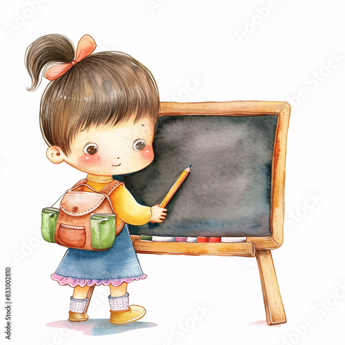 preschool child studying at table watercolor cartoon illustration photo