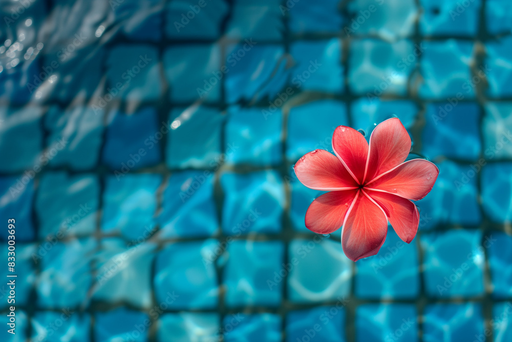 Blue roof top swimming pool background - A red frangipanni / Plumeria / frangipani flower floating by the turquoise blue water of a tropical swimming pool decorated with blue square mosaics tiles. Laz Blue roof top swimming pool background - A red frangipanni / Plumeria / frangipani flower floating by the turquoise blue water of a tropical swimming pool decorated with blue square mosaics tiles. Laz