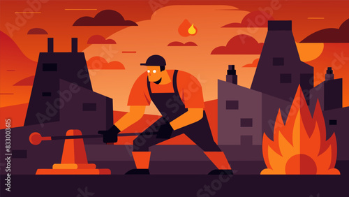 Despite the oppressive heat and ashy air the coal stoker remained focused knowing that his task was crucial to keeping the factory running smoothly.. Vector illustration