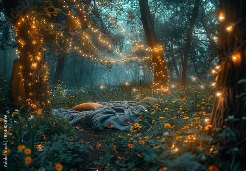 A romantic forest clearing with a blanket spread out under a canopy of twinkling fairy lights, surrounded by trees and wildflowers. The serene setting is ideal for a dreamy.