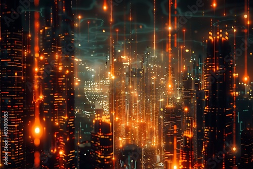 A network depicted as a bustling cityscape built from glowing data packets