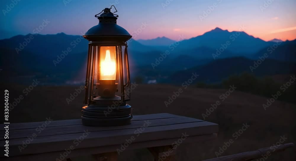 Lantern at twilight with mountains in the background.
Lantern at twilight with mountains in the background.