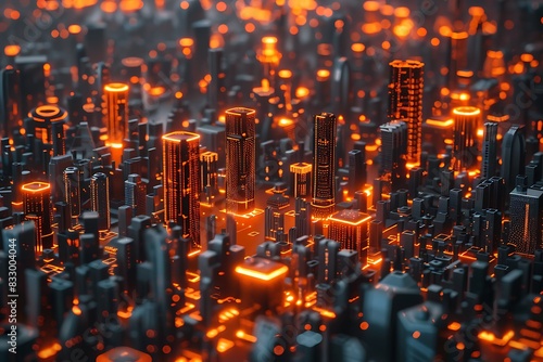 A network depicted as a bustling cityscape built from glowing data packets