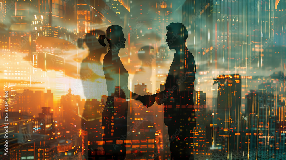 A couple is shaking hands in a cityscape. The image is a reflection of the couple and the city, with the cityscape appearing to be a mirror of the couple. Scene is one of connection and unity