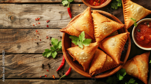 Samsa or samosas with meat and vegetables in bowl on wooden table. Traditional Indian food