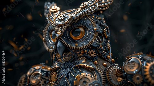 Intricate Steampunk Mechanical Owl with Glowing Eyes