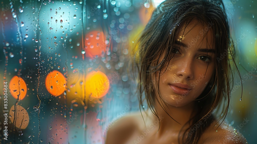 portrait of a wet woman near rainy window portrait of a wet woman near rainy window