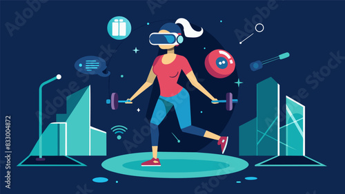 Discovering the future of fitness at a virtual expo packed with stateoftheart VR equipment and programs.. Vector illustration