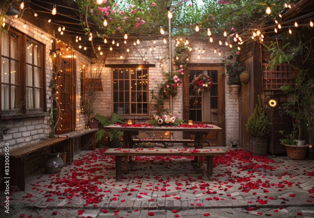 An intimate outdoor garden patio adorned with twinkling string lights and a rustic wooden table covered in rose petals. The scene is framed by lush foliage, creating a cozy and romantic hideaway. An intimate outdoor garden patio adorned with twinkling string lights and a rustic wooden table covered in rose petals. The scene is framed by lush foliage, creating a cozy and romantic hideaway.