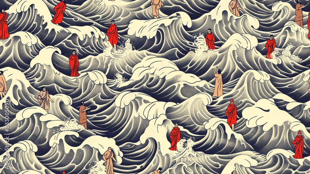 Hand-drawn seamless pattern depicting Moses parting the Red Sea, with waves on either side and the people walking through, creating a powerful and historical design Hand-drawn seamless pattern depicting Moses parting the Red Sea, with waves on either side and the people walking through, creating a powerful and historical design