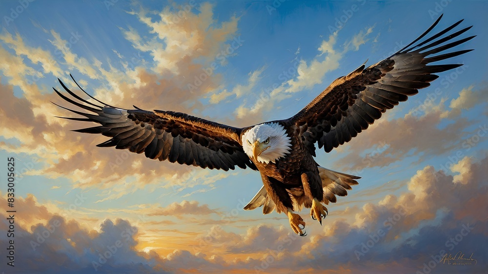 Fototapeta premium With majestic wings outstretched, the eagle soars across the brilliant blue sky