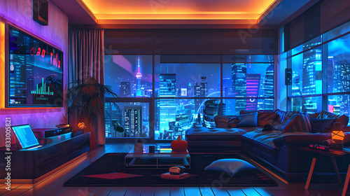 Concept art illustration of apartment living room in neon light  generative ai