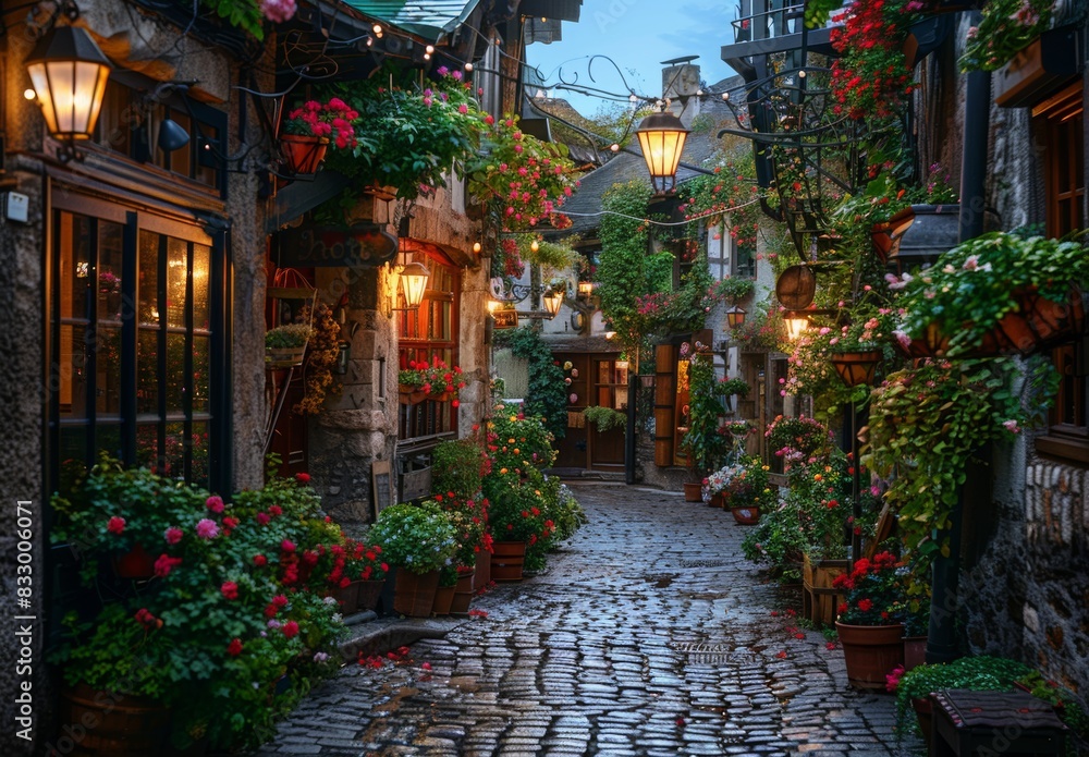 Fototapeta premium A quaint cobblestone street in a historic European village, illuminated by warm, glowing street lamps and lined with flower boxes overflowing with vibrant blooms.