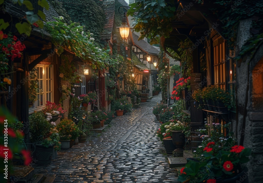 Fototapeta premium A quaint cobblestone street in a historic European village, illuminated by warm, glowing street lamps and lined with flower boxes overflowing with vibrant blooms.