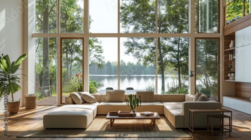Chic living room design that embraces eco-friendly principles, natural light, wide windows, bright and airy feel © Meesam