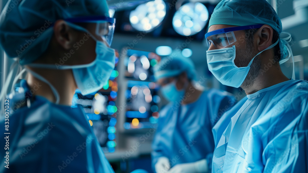 Surgical Precision. A team of surgeons performs a procedure under operating lights. Surgical Precision. A team of surgeons performs a procedure under operating lights.