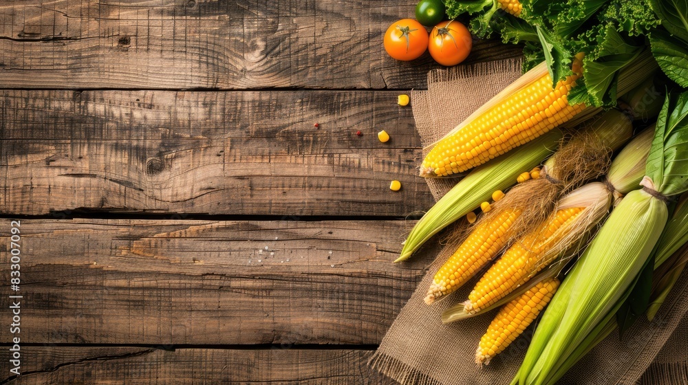 Fresh vegetable corn displayed on a wooden table Fresh vegetable corn displayed on a wooden table