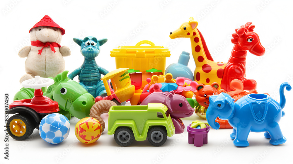 Fototapeta premium Children's toys on a white background, generative AI