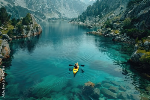 A serene view of a person kayaking alone on a clear turquoise lake surrounded by towering mountains and lush greenery, perfectly capturing nature's tranquility. photo