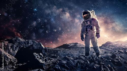 sad astronaut standing alone on planet mars with space galaxy background