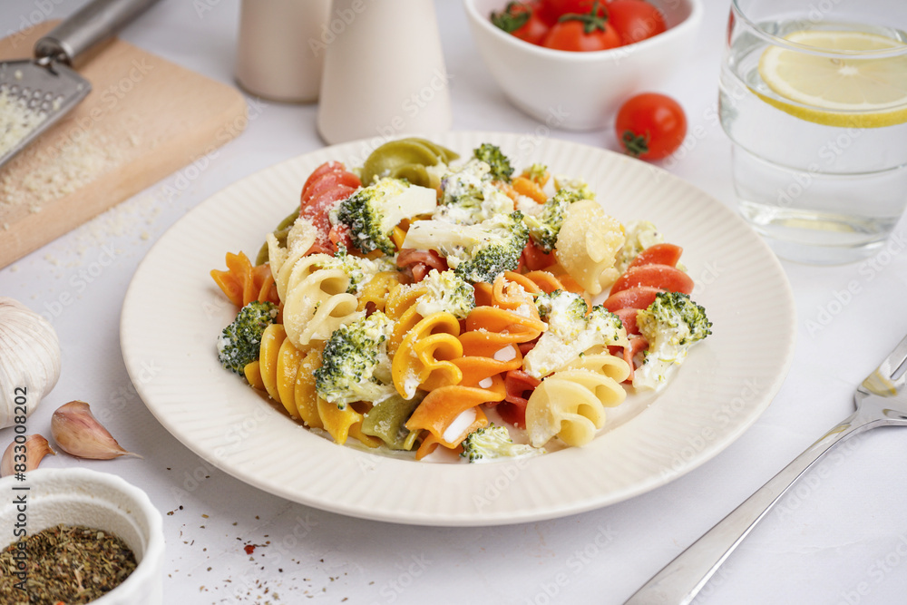 Delicious fusilli pasta with broccoli and cheese in plate on light background, closeup Delicious fusilli pasta with broccoli and cheese in plate on light background, closeup