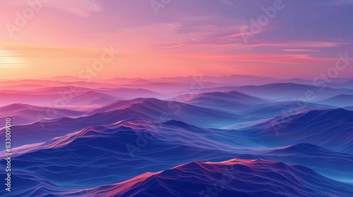 Colorful sunrise over misty mountains creating a surreal and dreamy landscape with soft pastel hues and layers of light and shadows. photo