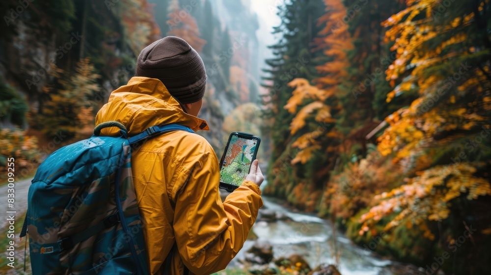 Hiker in yellow jacket captures autumn scenery with tablet, surrounded by vibrant trees near a flowing river in a misty forest.